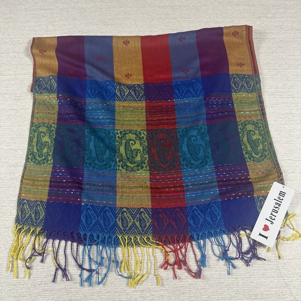 100% Cashmere Jerusalem Holy Land Paisley Fringe Scarf Shawl Wrap NWT Israel